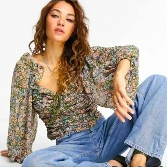 Free People Mable printed blouse top long sleeves floral balloons sleeves crop - Picture 3 of 6